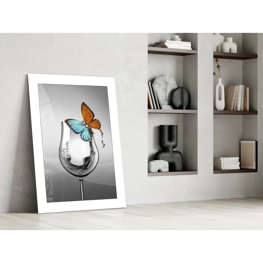 Vibrant orange and blue butterfly on glass wall art print in wine glass