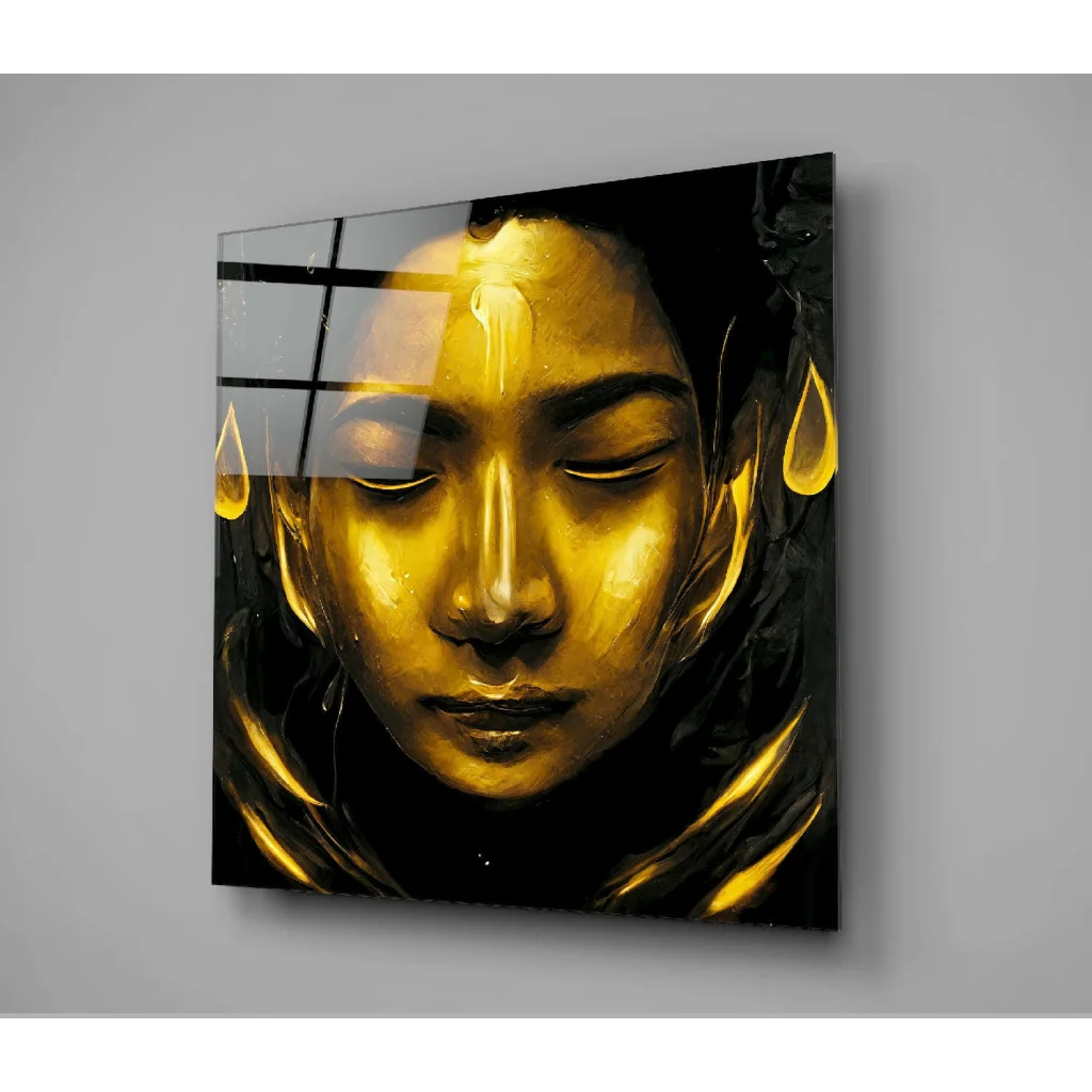Stunning golden face glass wall art with glossy black finish