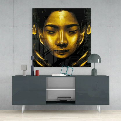 Stunning golden Buddha glass wall art with glossy black finish