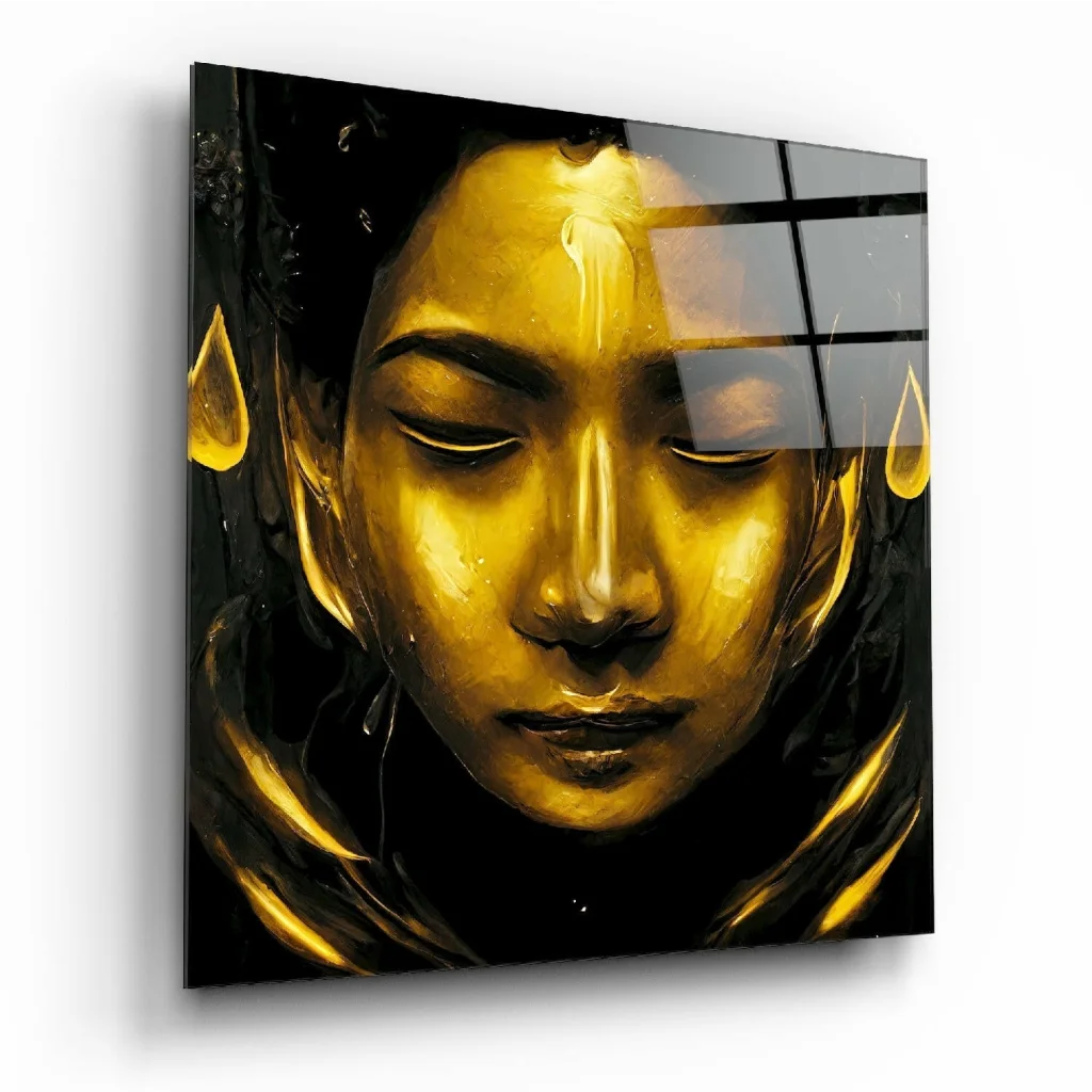 Stunning golden face glass wall art on glossy black background
