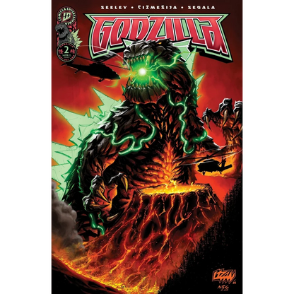 Godzilla comic book cover showing glowing green monster with helicopters in action scene
