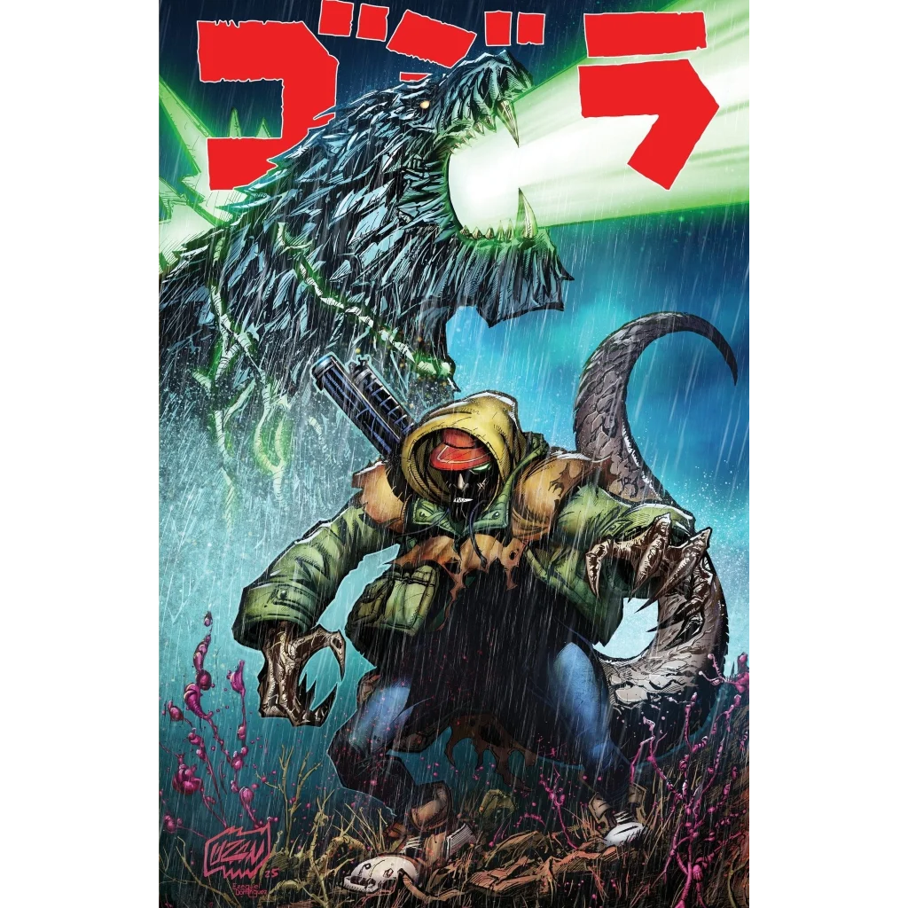 Godzilla Universe ECC Exclusive Franck Uzan comic cover with monster and hero wielding weapon