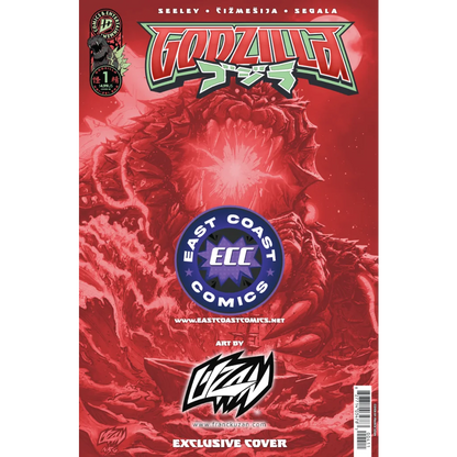 Red-hued Godzilla comic cover with glowing eyes from Godzilla Universe Kai-Sei Energy ECC Exclusive Franck