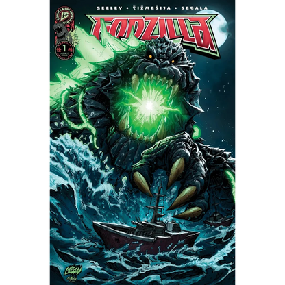 Cover of godzilla kai-sei era #1 ecc exclusive franck uzan variant featuring menacing dark green godzilla with glowing emerald eyes and radiant green energy burst