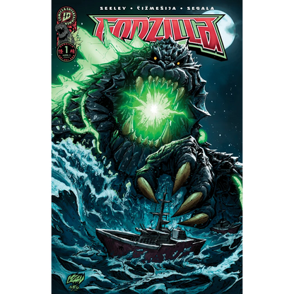 Comic book cover showing Godzilla unleashing green energy in an epic adventure