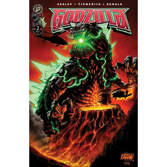 Godzilla comic book with glowing green monster and erupting volcano on cover