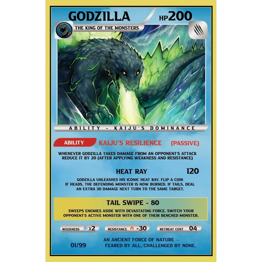 Custom-designed Godzilla Pokémon trading card from the Godzilla Trading Card and Comic Bundle