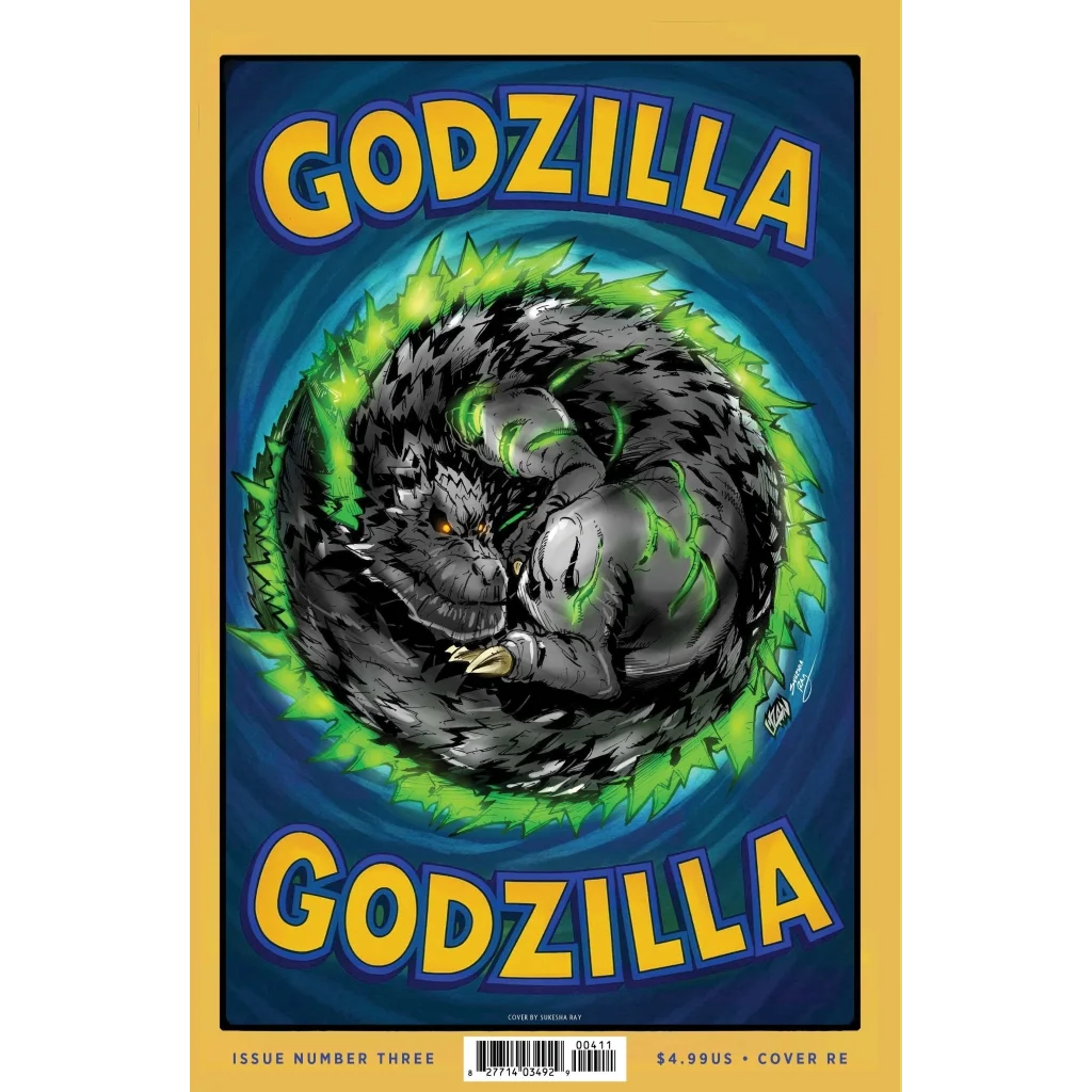 Godzilla comic book with green energy and curled in a spiral for the bundle product