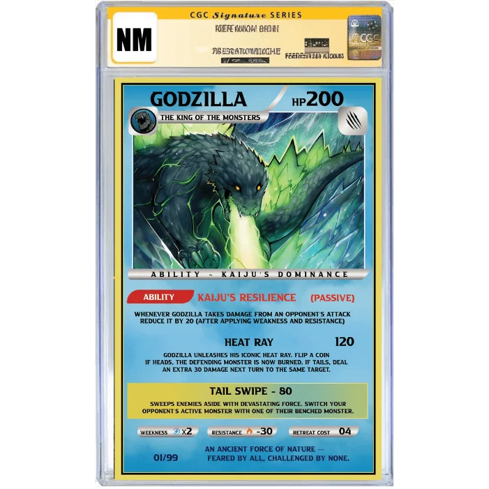 A graded collectible Godzilla trading card in the Godzilla Trading Card and Comic Bundle