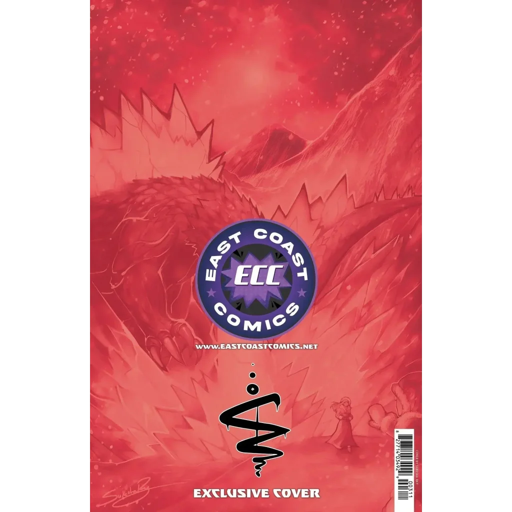 Red comic book cover of godzilla kai-sei era 3 ecc variant cover featuring a stylized dragon and east coast comics logo
