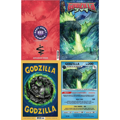 Godzilla kai-sei era #3 ecc variant cover featuring green glowing godzilla breathing fire over red and blue background