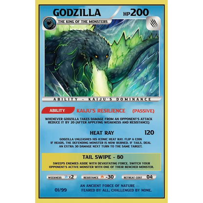 Fan-made Godzilla-themed Pokémon trading card ECC variant cover showing monster power