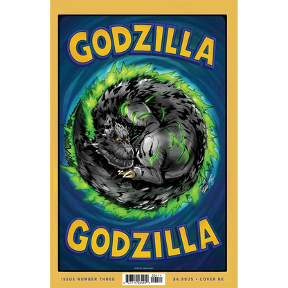 Dark gray textured godzilla illustration with glowing green energy and orange eyes on ecc variant cover playing card set