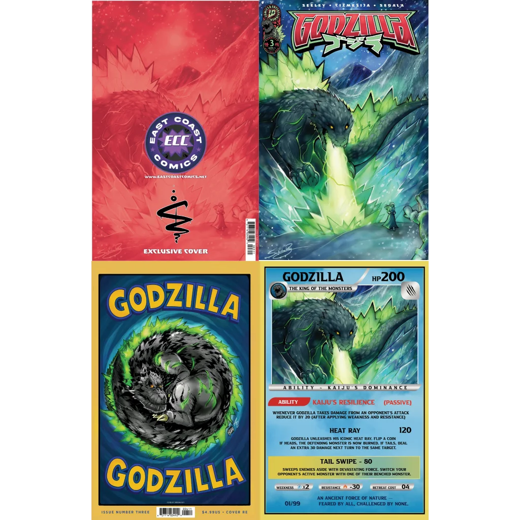 Godzilla ECC Variant Cover collection with comic books and trading cards for monster fans