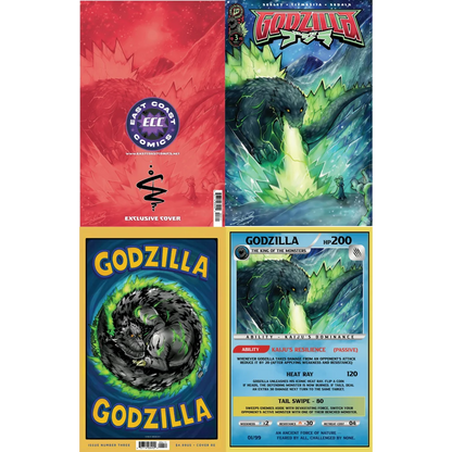 Godzilla ECC Variant Cover collection with comic books and trading cards for monster fans