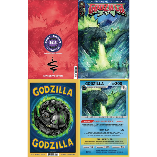 Godzilla ECC Variant Cover collection with comic books and trading cards for monster fans