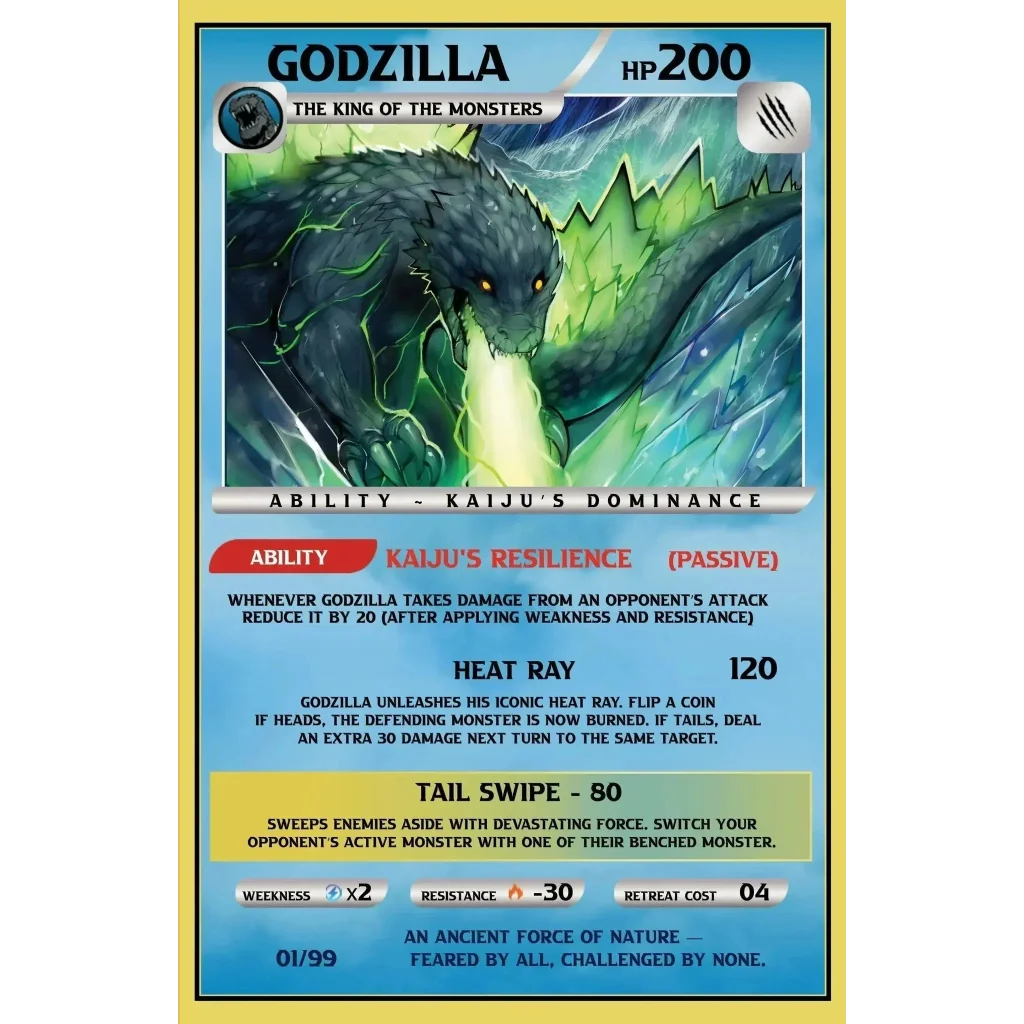 Dark green godzilla ecc variant cover trading card with glowing yellow eyes fiery breath and heat ray tail swipe abilities