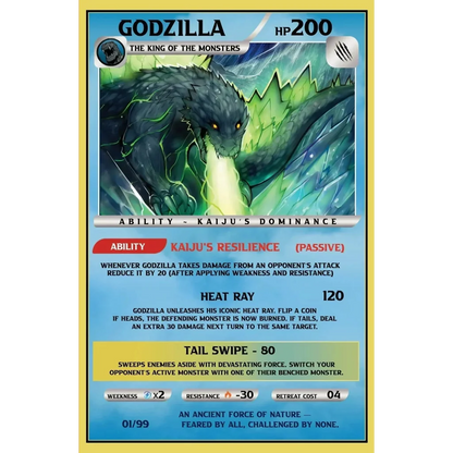 Dark green godzilla ecc variant cover trading card with glowing yellow eyes fiery breath and heat ray tail swipe abilities