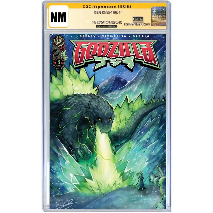 Graded Godzilla comic book with glowing green spikes and atomic breath cover collectible