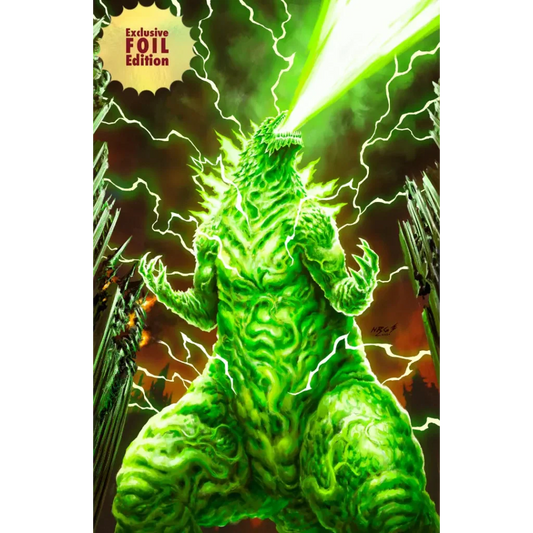 A vibrant green textured godzilla figure with glowing electric effects in ecc nrg exclusive virgin foil comic book edition