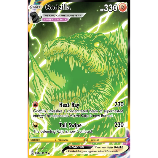 Green godzilla g-max trading card from kai-sei era featuring roaring spiky-headed monster and jed thomas variant exclusive