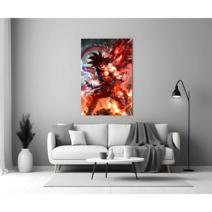 Goku in fiery battle pose on vibrant red orange anime glass wall art