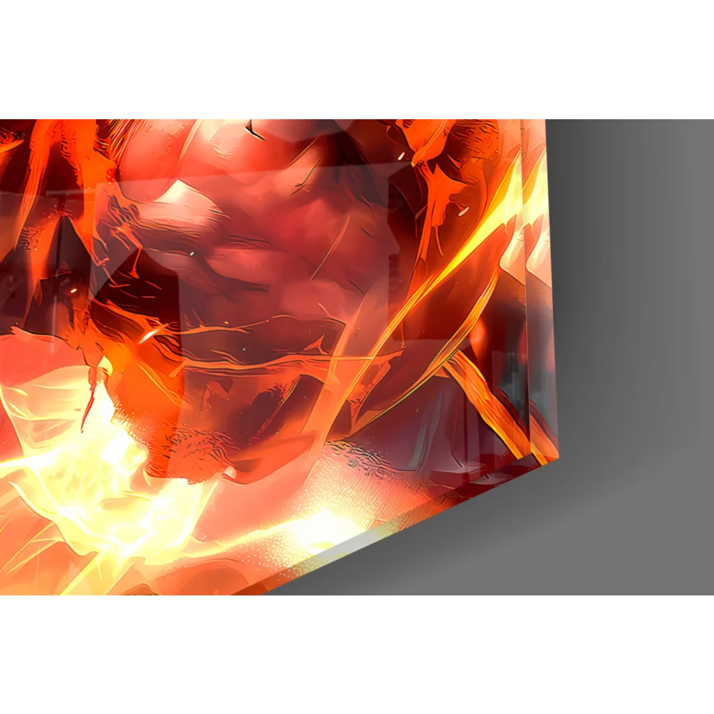 Goku battle pose fiery dragon glass wall art with vibrant orange red glowing lines