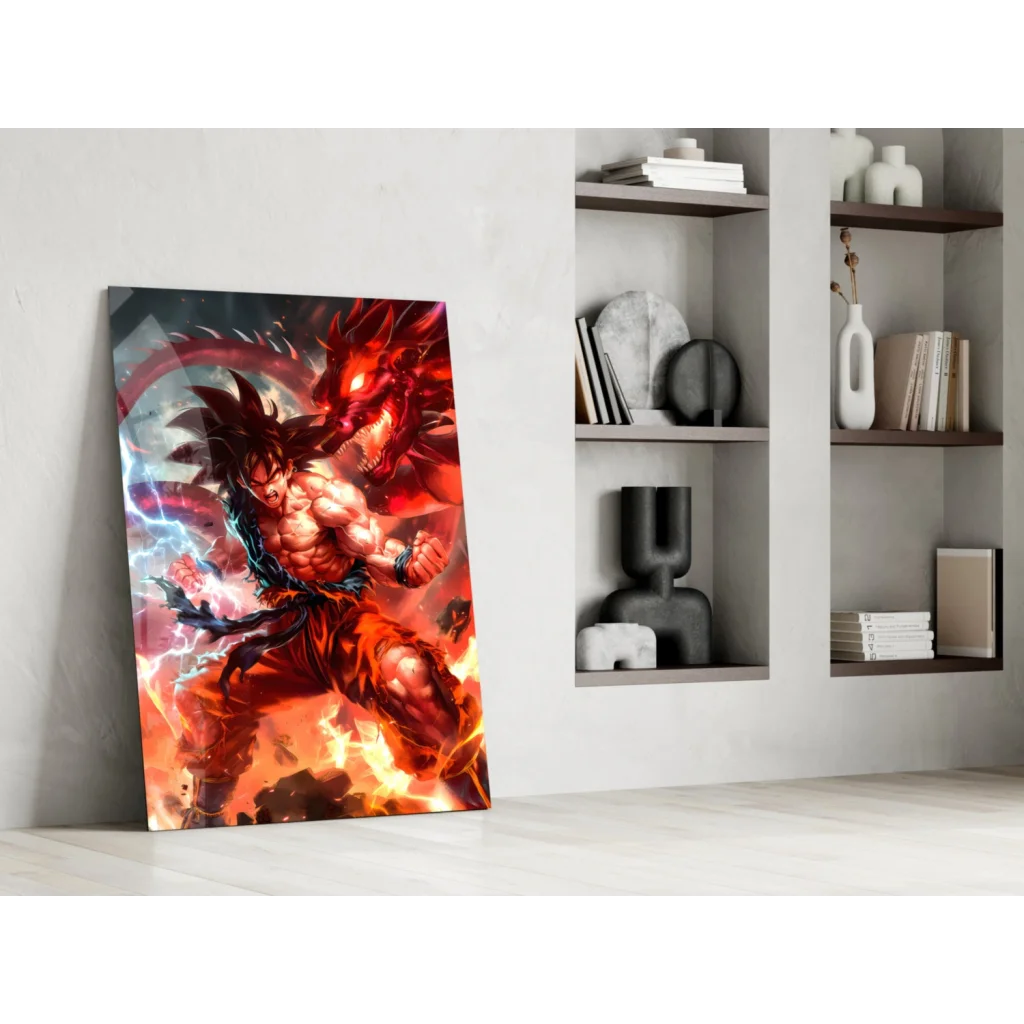 Goku in dynamic battle pose on vibrant fiery dragon glass wall art