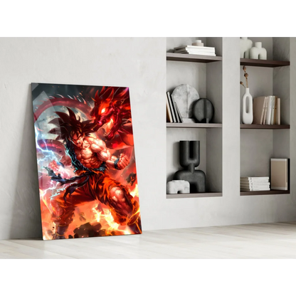 Goku in dynamic battle pose on vibrant fiery dragon glass wall art