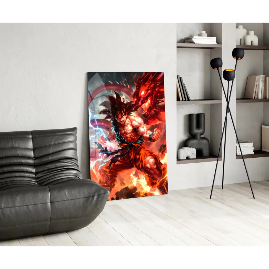 Vibrant Goku battle pose fiery dragon glass wall art canvas print