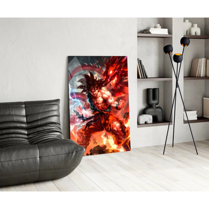 Vibrant Goku battle pose fiery dragon glass wall art canvas print