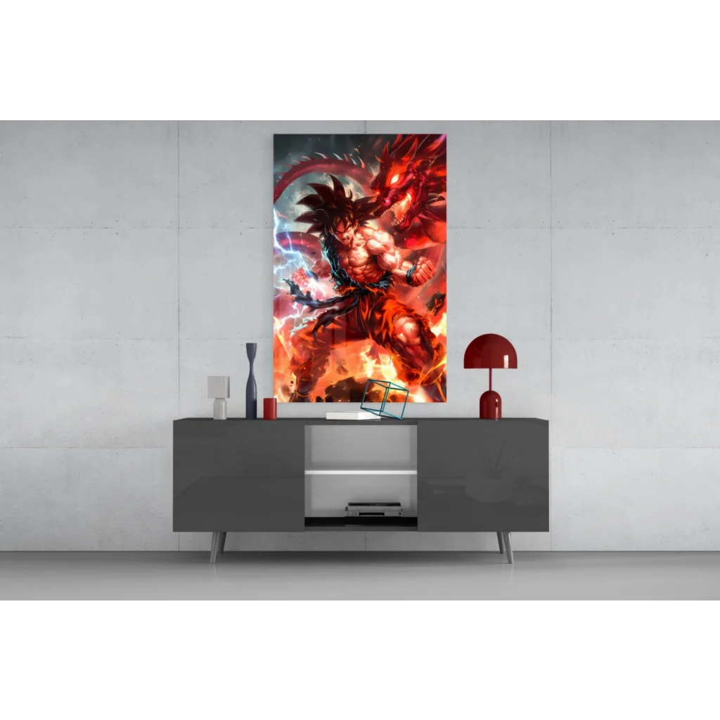 Vibrant Goku in battle pose vs fiery dragon on glass wall art canvas