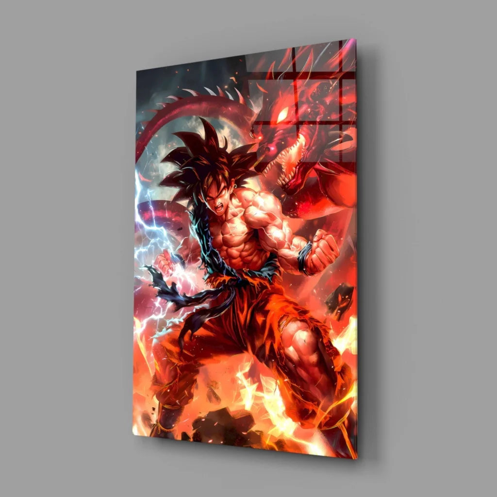 Goku in dynamic battle pose on fiery dragon glass wall art canvas print