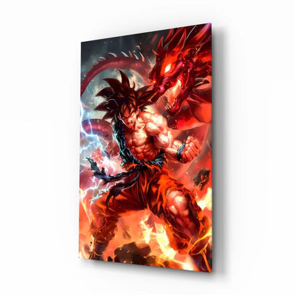 Goku fiery battle pose vs red dragon glass wall art canvas print