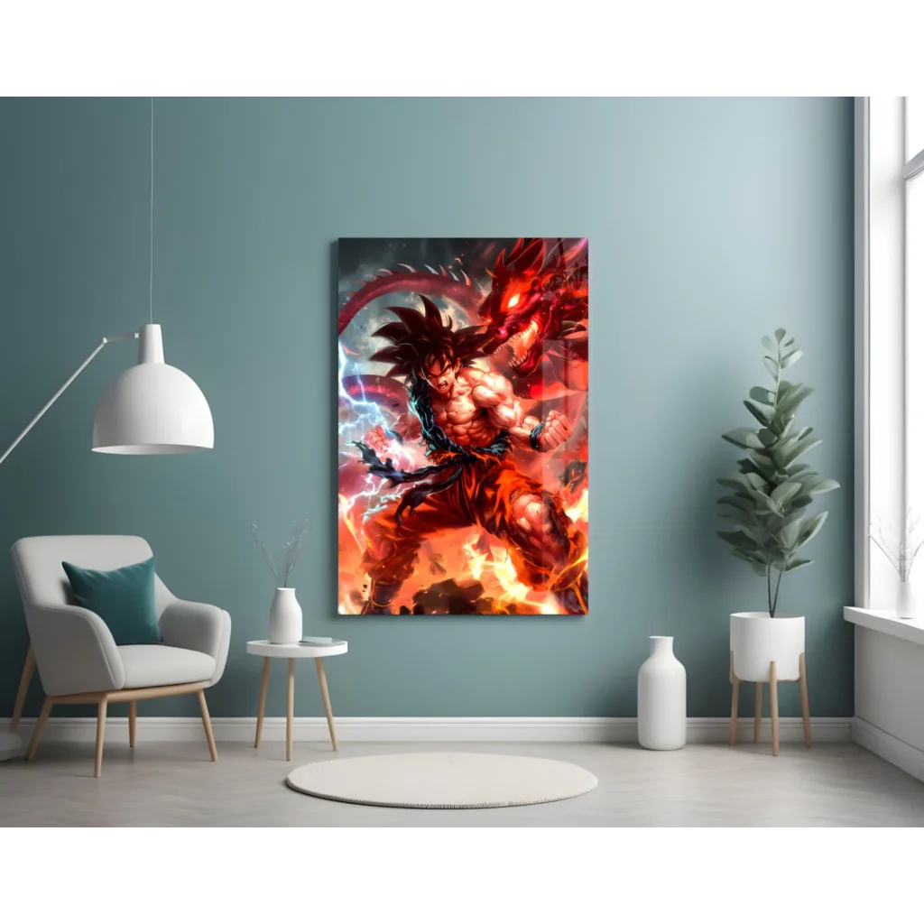 Goku in fiery battle pose on vibrant red orange anime glass wall art