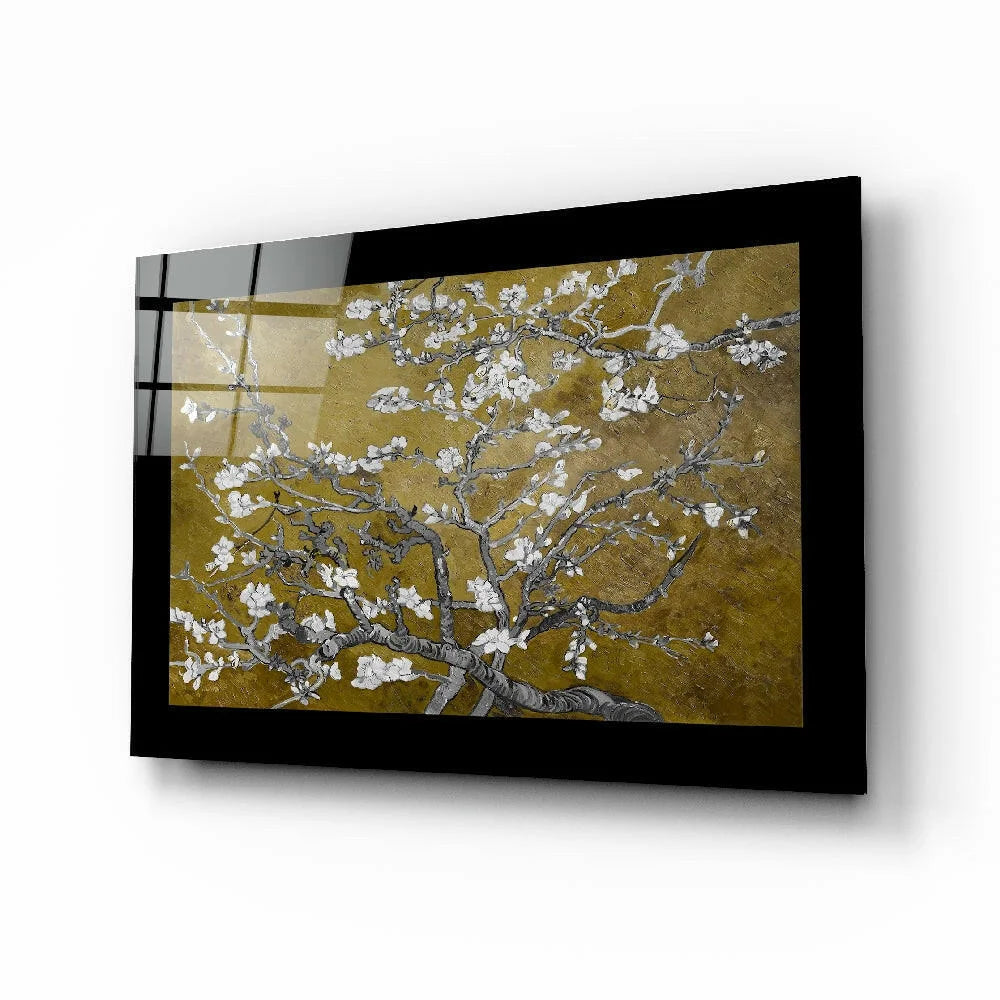Gold Blossom glass wall art with stylized tree on textured gold background in black frame