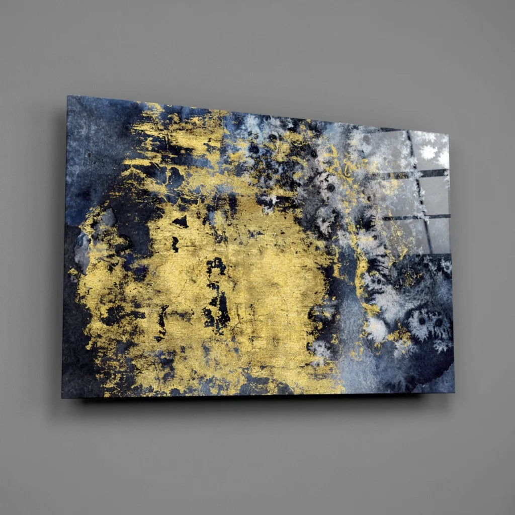 Modern textured navy blue gold wall art on sleek gray surface