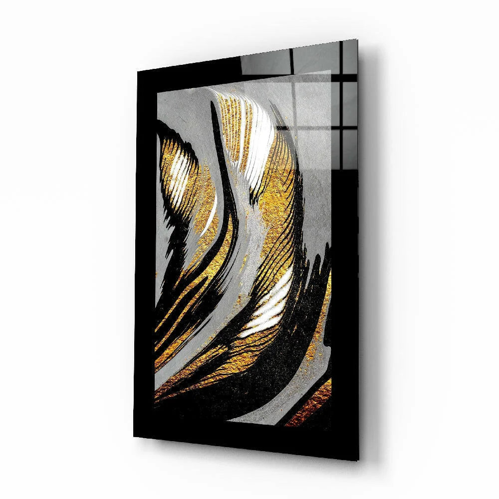 Stunning gold and black glass wall art with flowing metallic stripes