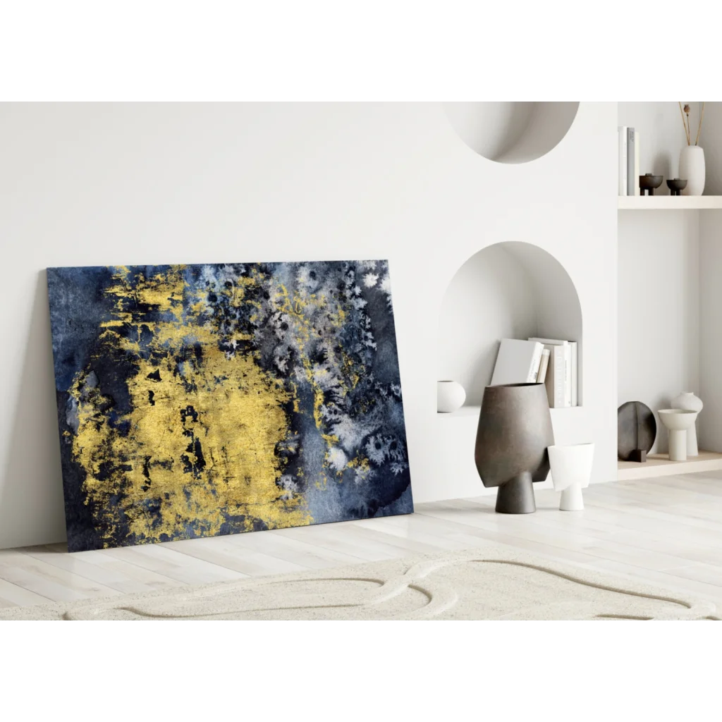 Modern navy blue gold abstract wall art canvas with bold splashes