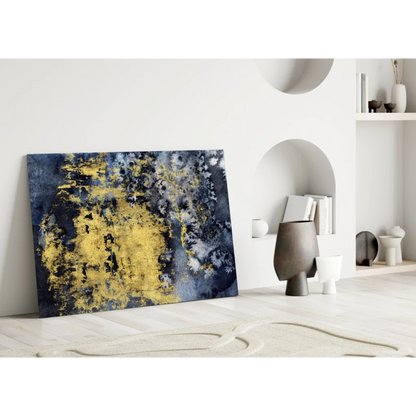 Modern navy blue gold abstract wall art canvas with bold splashes