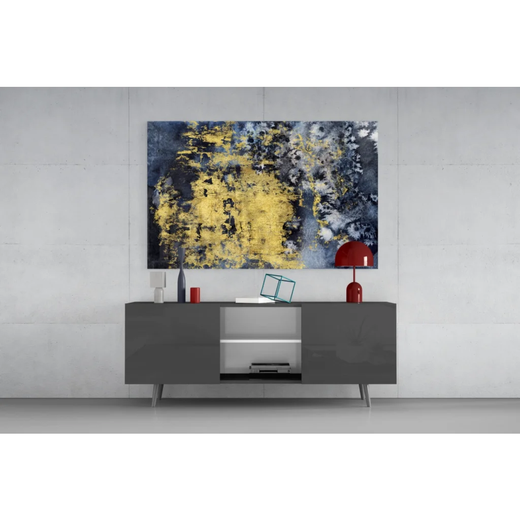 Bold navy blue and gold abstract wall art on textured canvas above gray console