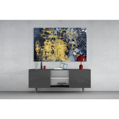 Bold navy blue and gold abstract wall art on textured canvas above gray console