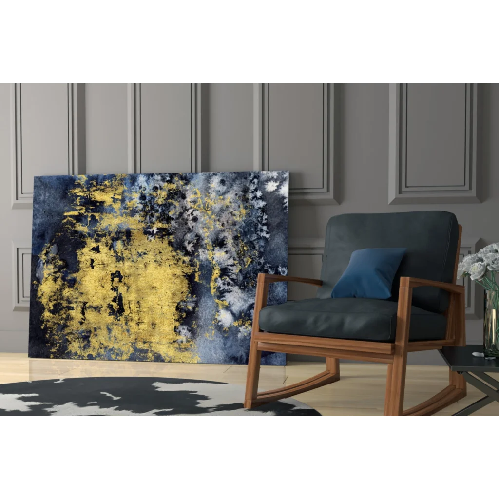 Bold navy blue gold abstract wall art canvas with textured modern vibes