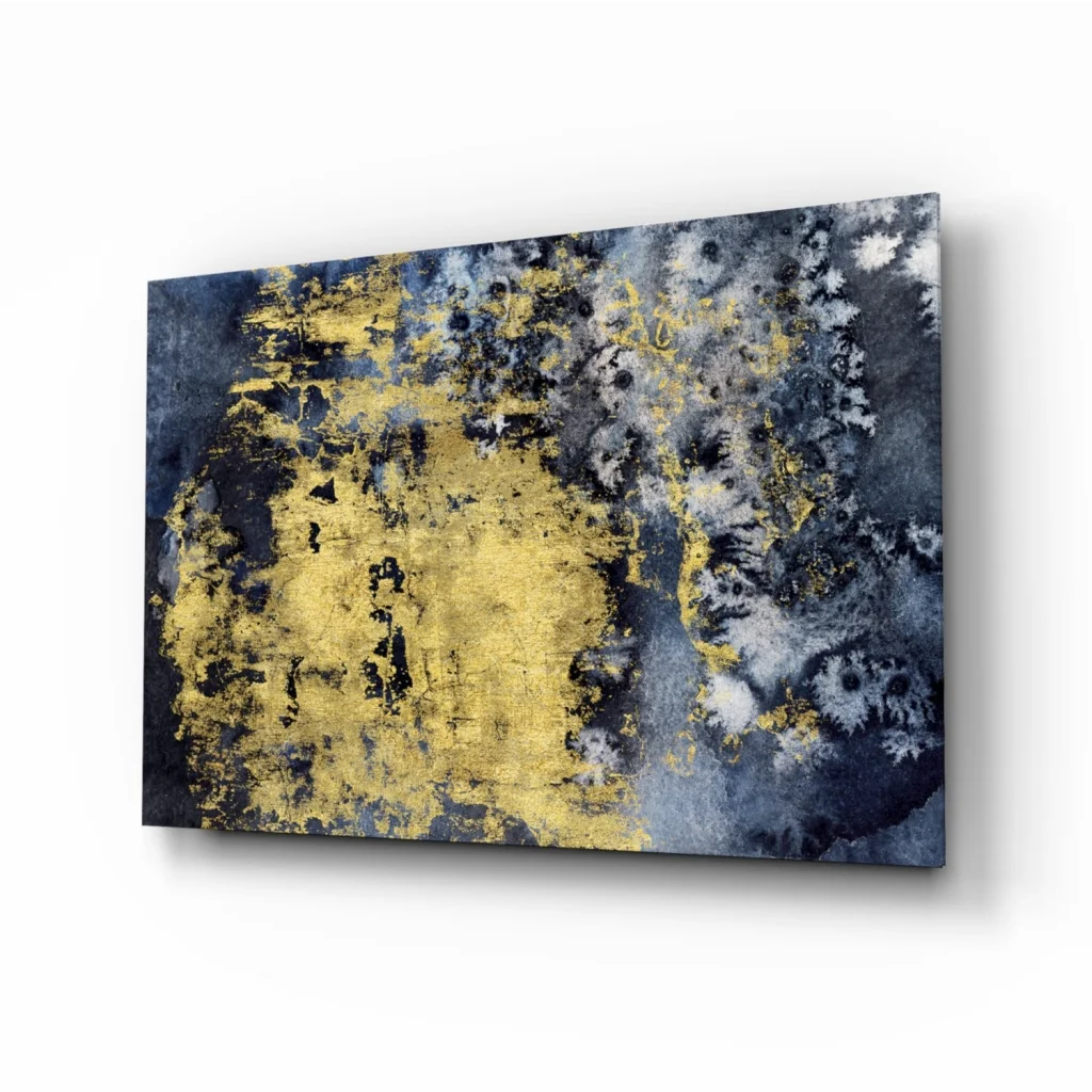 Navy blue gold abstract canvas wall art with textured metallic accents