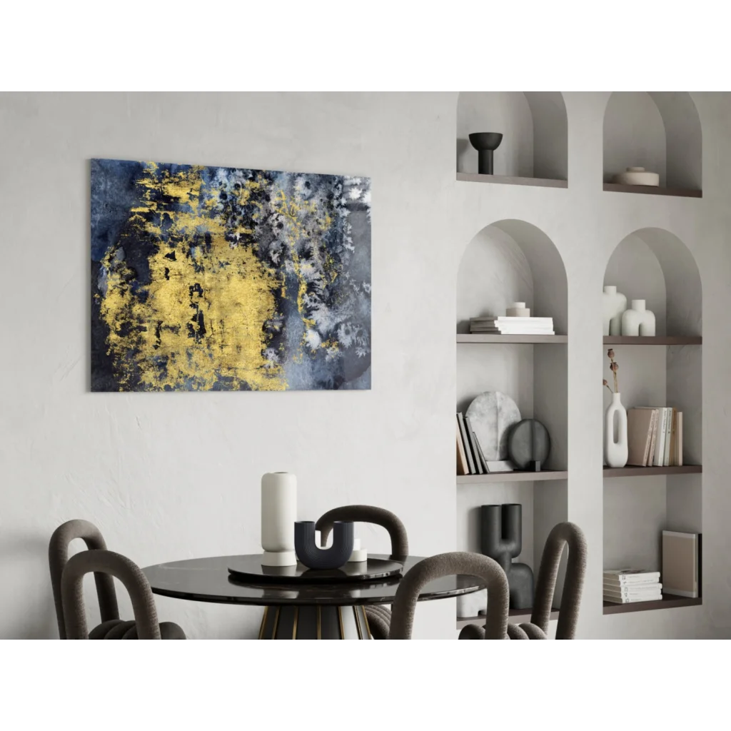 Modern navy blue gold abstract textured wall art above dining table