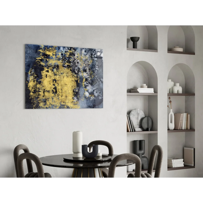 Modern navy blue gold abstract textured wall art above dining table