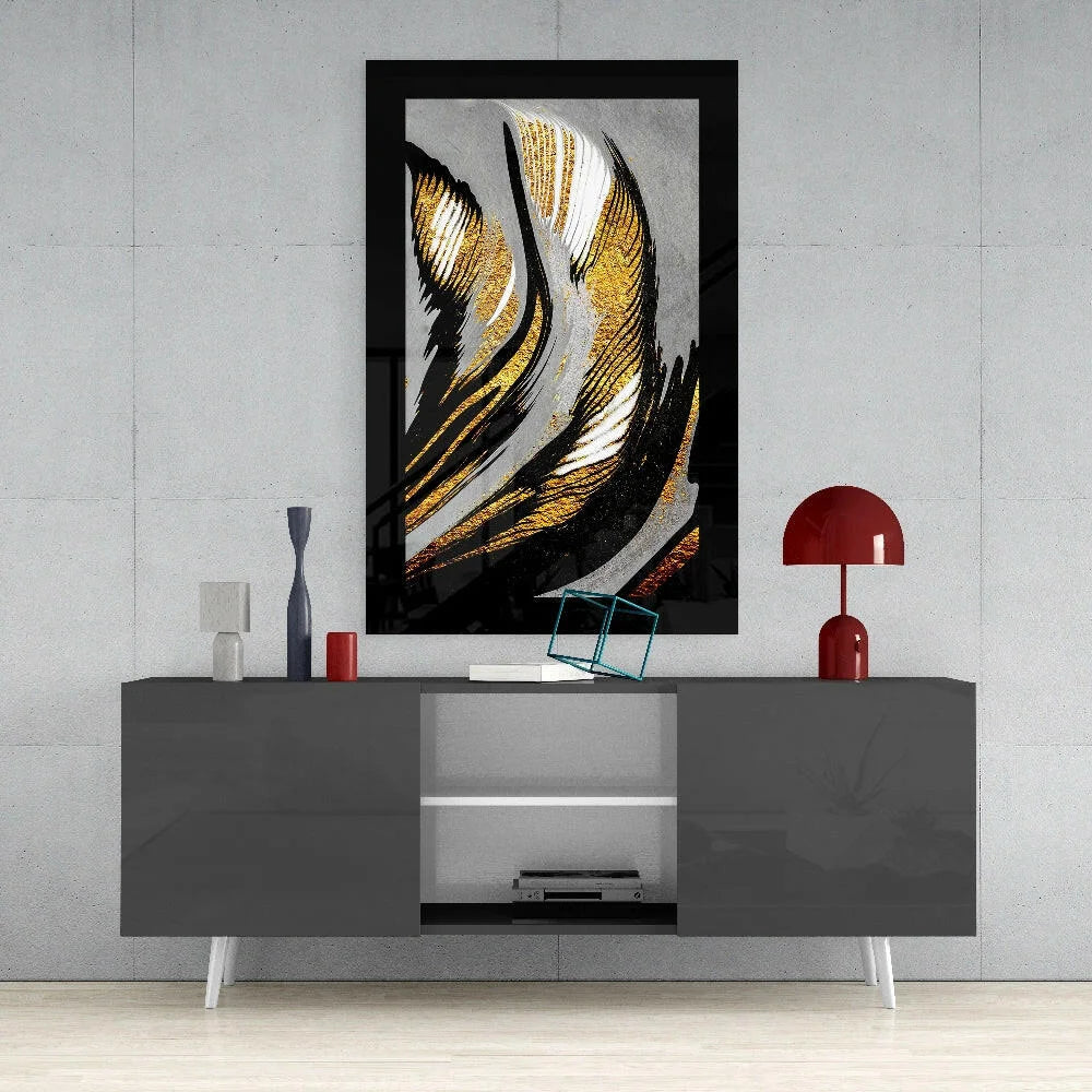 Stunning gold and black glass wall art with flowing metallic stripes