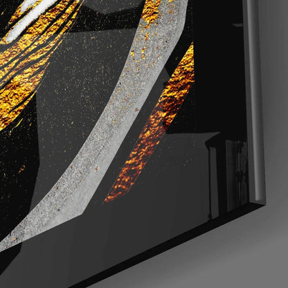 Stunning glass wall art with metallic silver and orange stripes on black