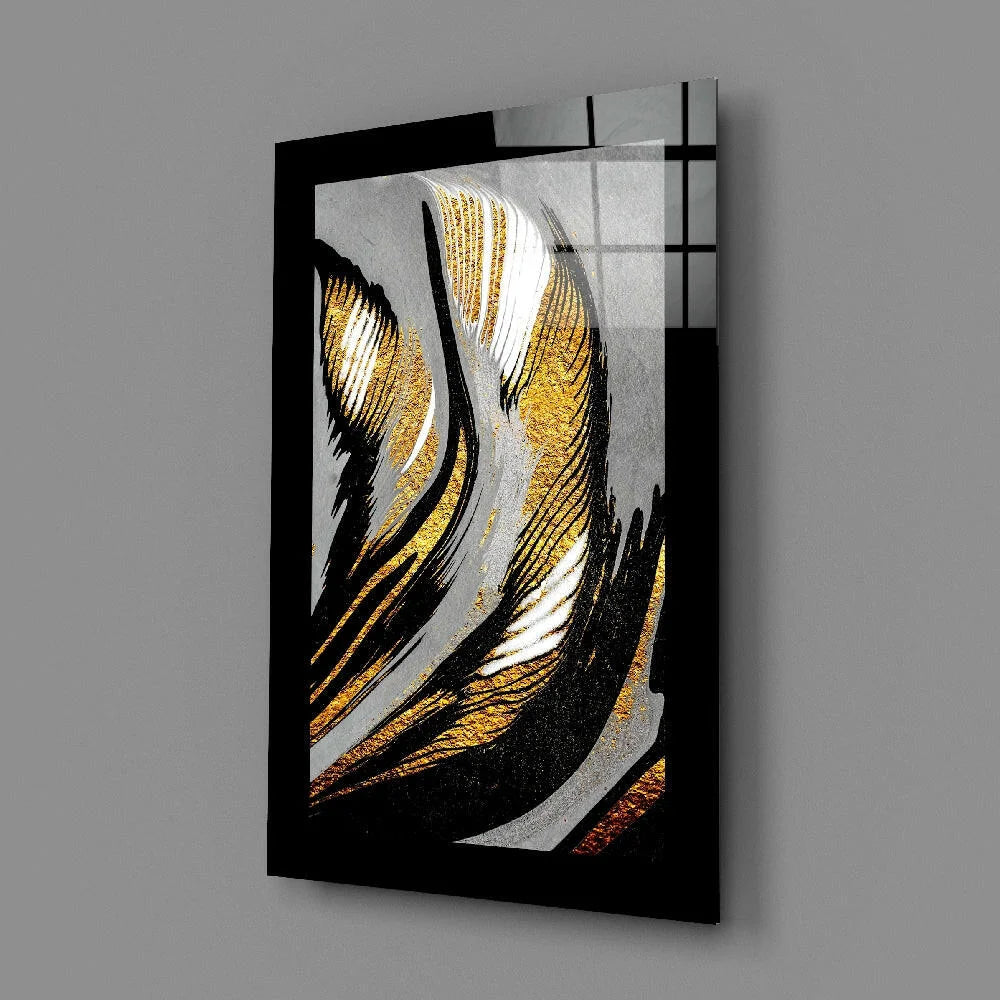 Stunning gold and black glass wall art with flowing metallic stripes