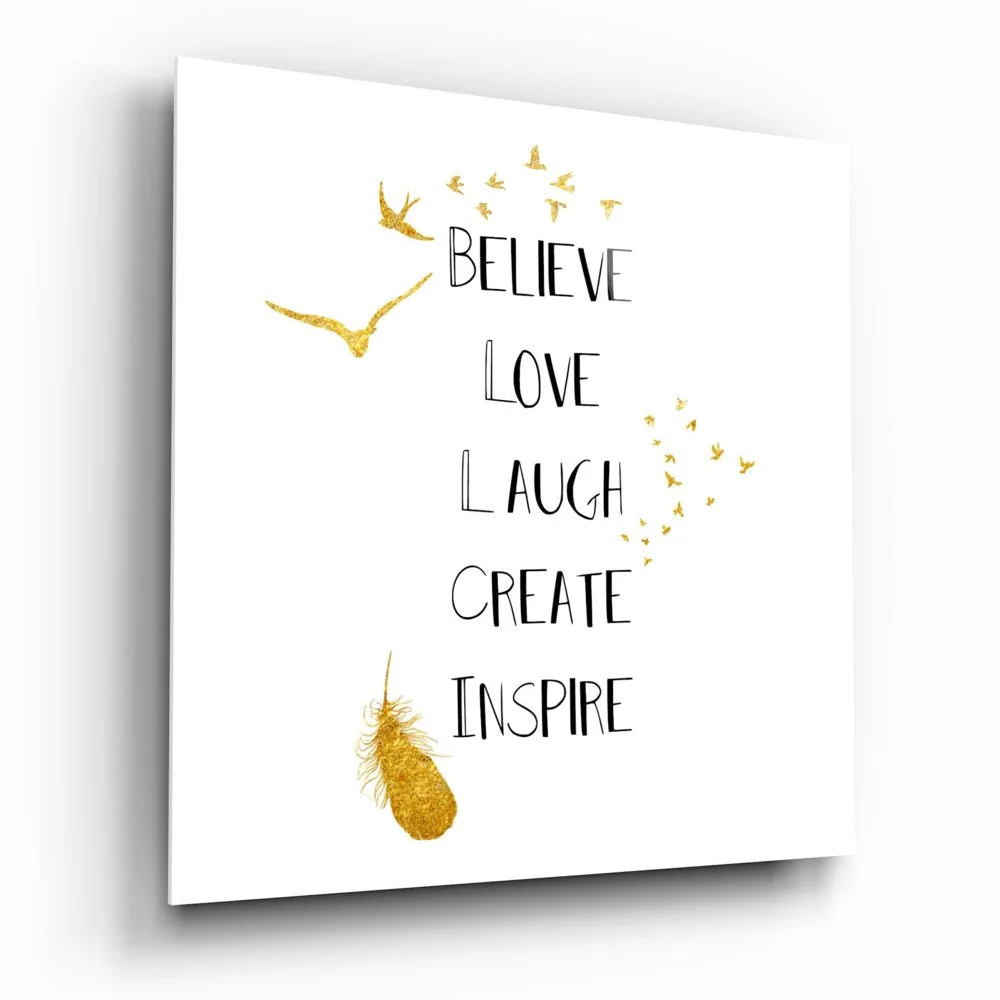 Gold feather tempered glass art with birds and motivational text